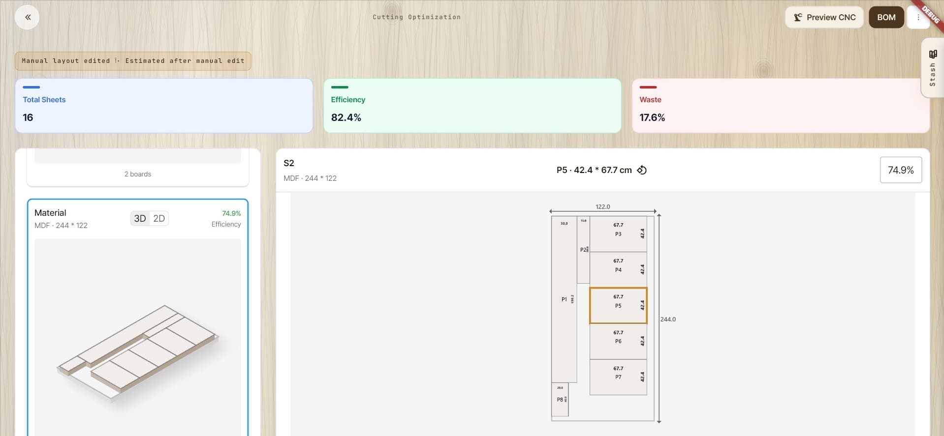 MaatCraft cutting plan with parts nested on a sheet