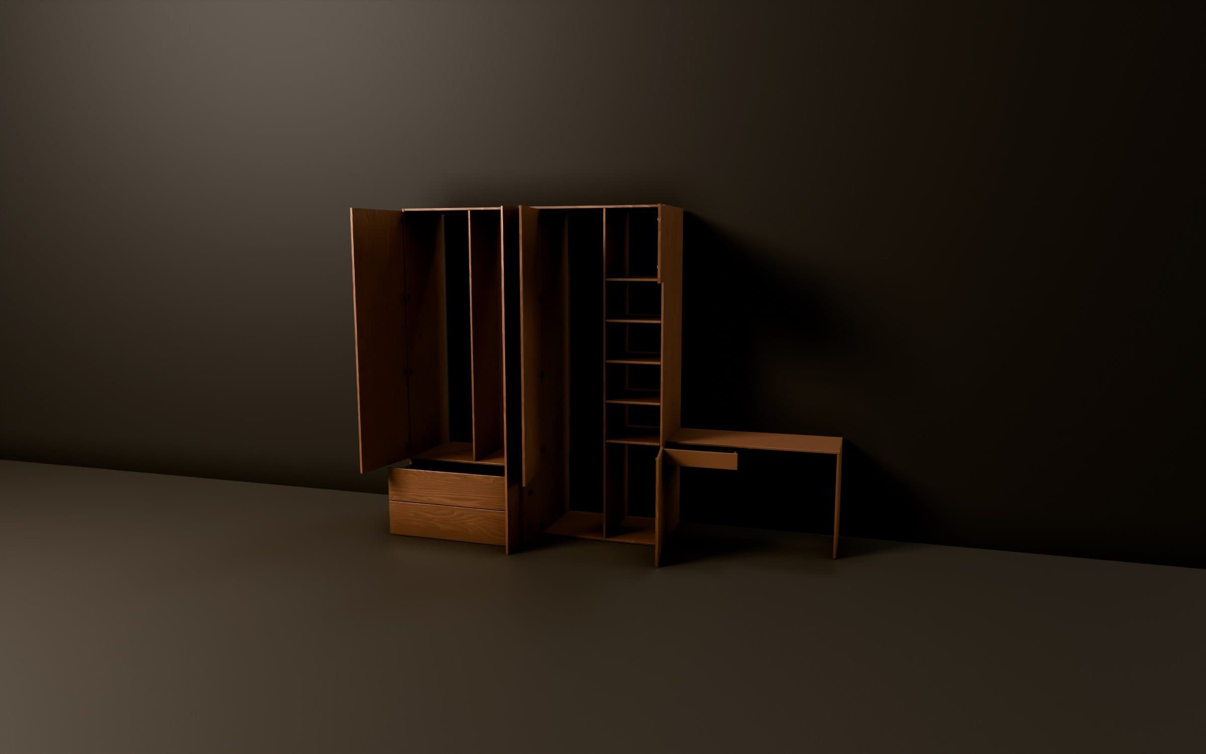 Walnut wardrobe with its doors open, showing the integrated desk and interior