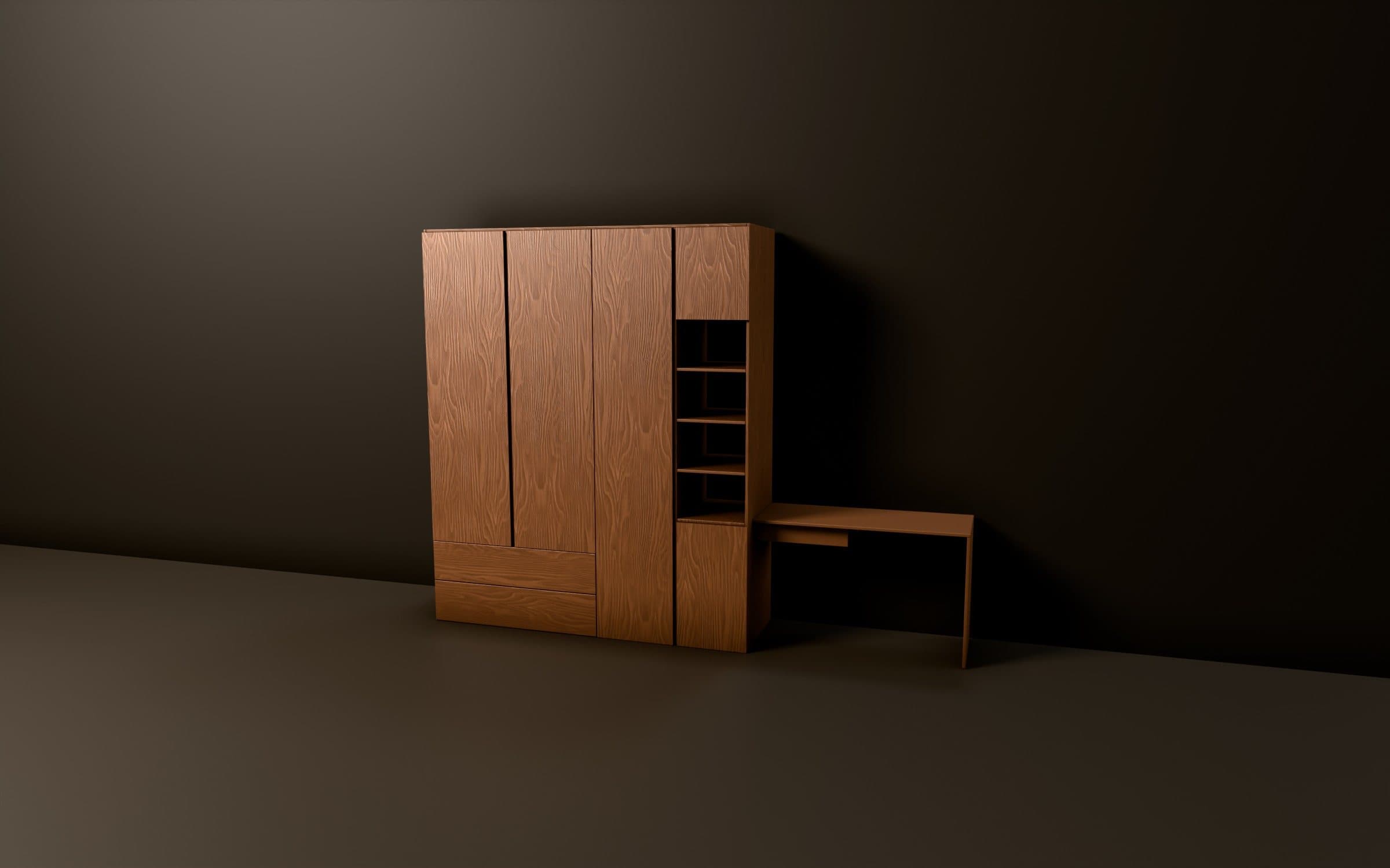 A walnut wardrobe with an integrated desk, seen from the front, rendered in MaatCraft