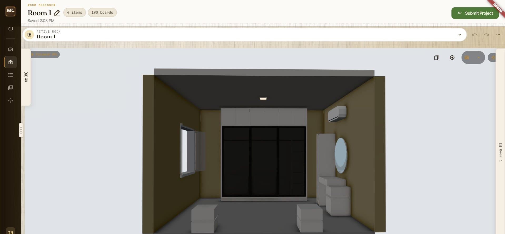 MaatCraft room designer showing a room in 3D